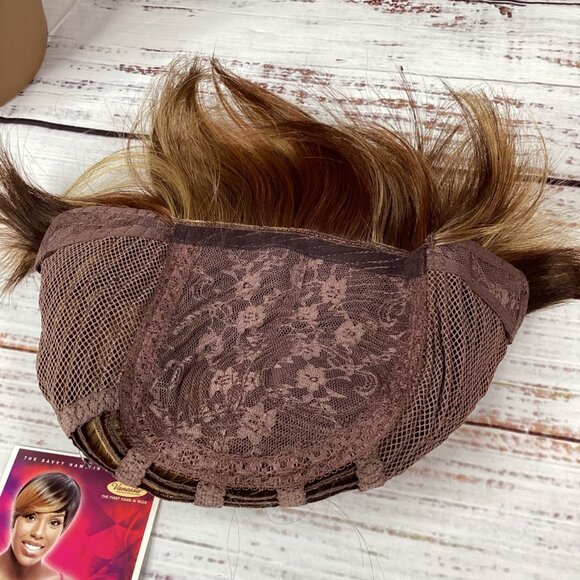 Bio Tapered Wig F2315 Dark Brown Highlights Swoop Heat Safe Adjustable Synthetic - Picture 6 of 7